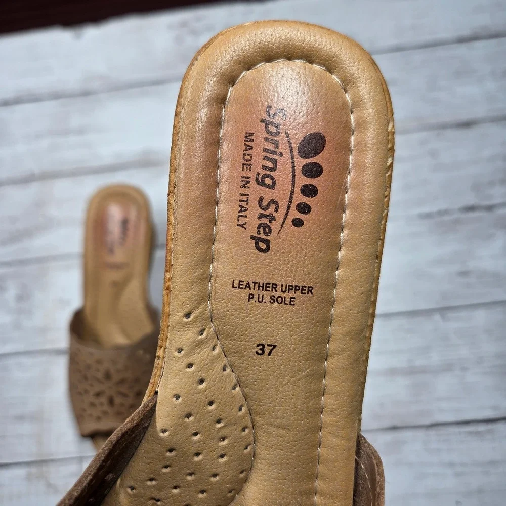 Spring Step Laser Cut Floral Wedge Slide Sandals Womens 37 Tan Leather Italy